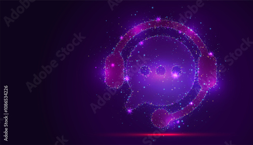 Silhouette of a headset with tools made of glowing, multi colored dots, resembling stars. The vibrant particles form the shape, symbolizing assistance, problem, and technical support services