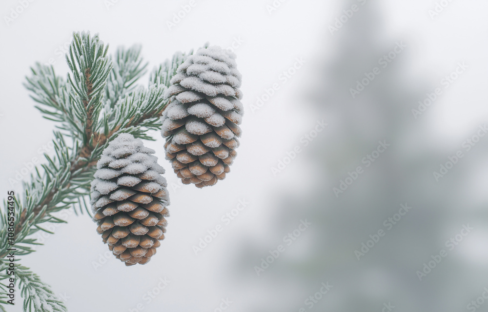 Pine cones on a branch with a Christmas background Pine cones on a branch with a Christmas background