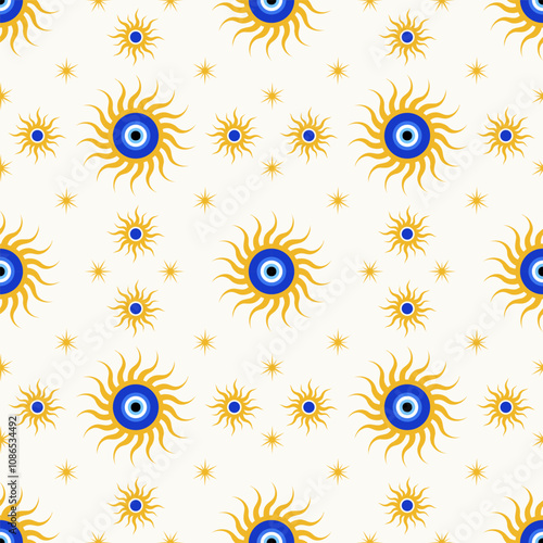 Evil eye seamless background. Blue magic greek bead pattern. Vector print with nazar amulet. Cute talisman - spiritual symbol of energy luck and protection. Ethnic mystic wallpaper