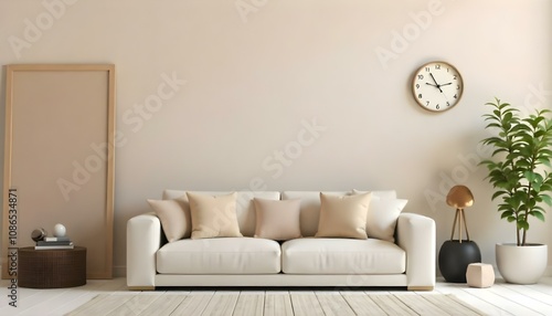 A modern, minimalist white sofa with several beige throw pillows in a simple, clean living room setting