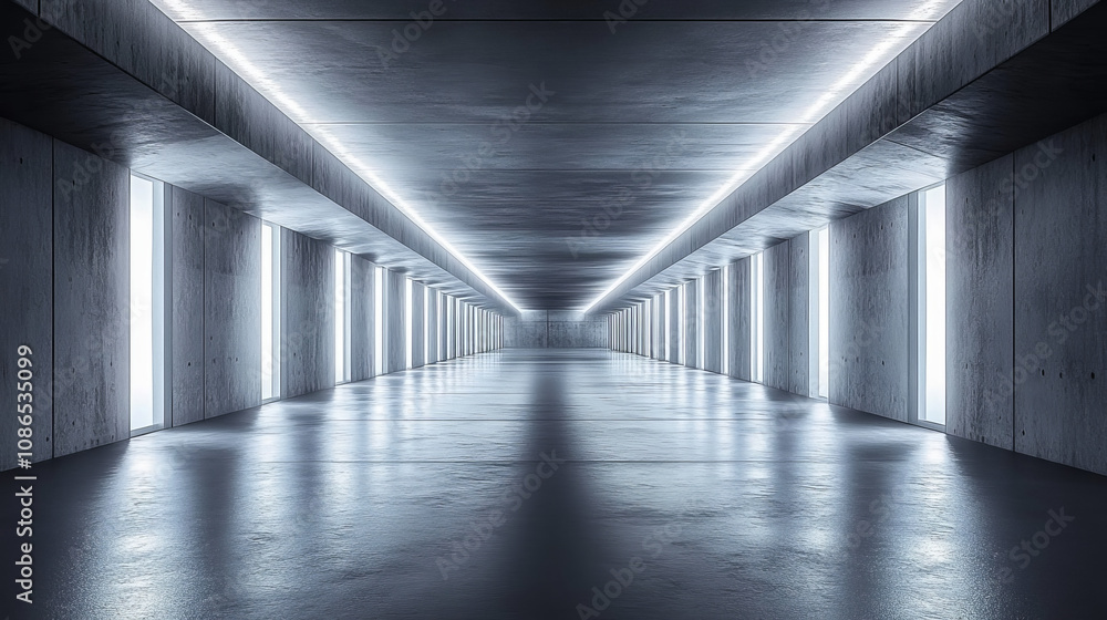 A futuristic, dark hallway stretches into the distance. Concrete blocks and glowing windows line the sides of this underground tunnel. It's a 3D image of an empty, sci-fi garage. A futuristic, dark hallway stretches into the distance. Concrete blocks and glowing windows line the sides of this underground tunnel. It's a 3D image of an empty, sci-fi garage.