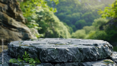 A 3D illustration of a stone podium on a rock platform, set against a blurred green forest backdrop, perfect for product display in a natural landscape.