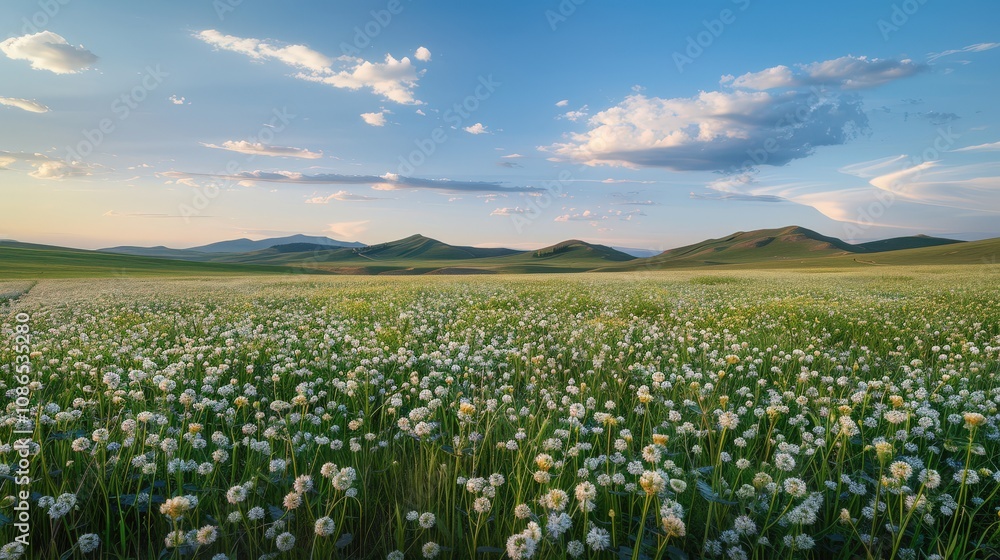Expansive Meadow with Wildflowers under Blue Sky Expansive Meadow with Wildflowers under Blue Sky
