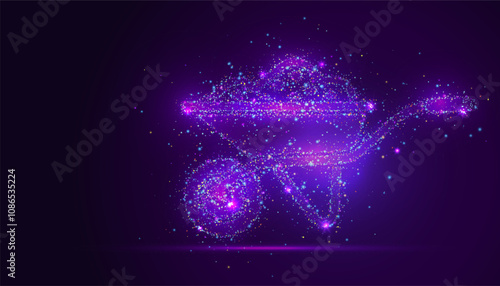 Silhouette of a wheelbarrow made of glowing, multicolored dots, resembling stars. The particles form its sturdy shape, symbolizing labor, productivity, and the tools of gardening or construction.