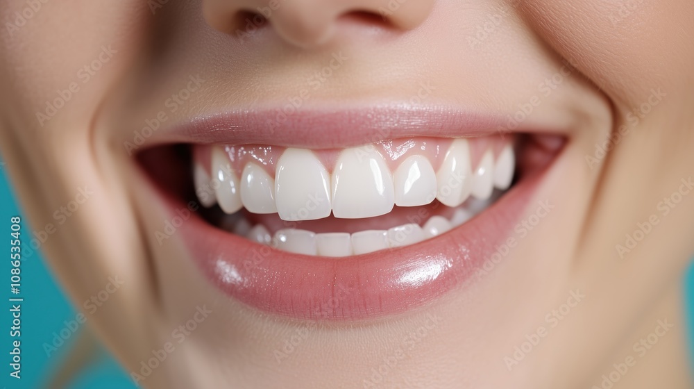Obraz premium A Close-Up of a Woman’s Bright and Healthy Smile Showcasing Pristine Teeth Against a Turquoise Background During a Dental Hygiene Promotional Event