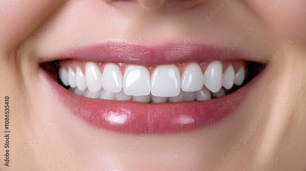 Close-up of a Smiling Woman Showcasing Bright, Healthy Teeth and Glossy Lips, Highlighting Dental Care and Personal Grooming in a Well-Lit Setting Close-up of a Smiling Woman Showcasing Bright, Healthy Teeth and Glossy Lips, Highlighting Dental Care and Personal Grooming in a Well-Lit Setting