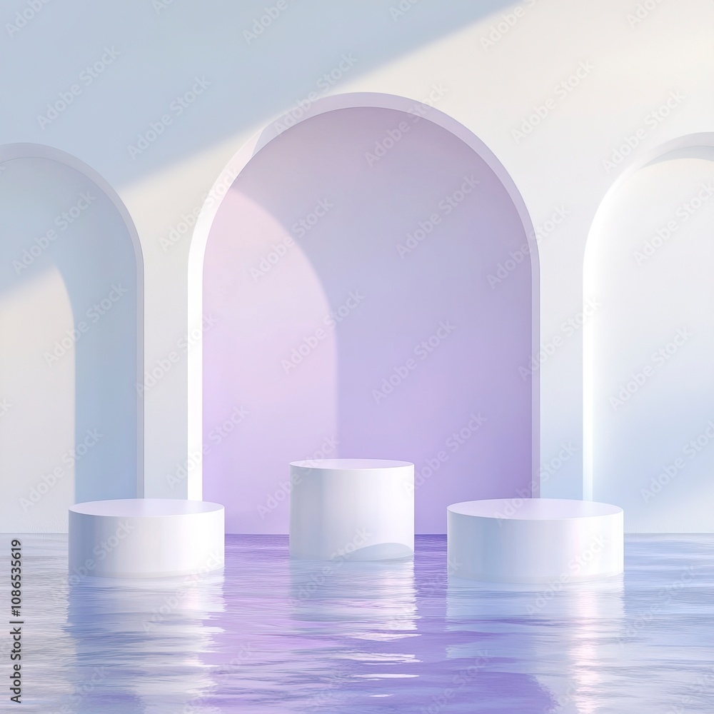 a photo of three various height top view podiums on lake water in front of white arch, white and purple pastel gradient room with soft shadows. playful lights, generative ai a photo of three various height top view podiums on lake water in front of white arch, white and purple pastel gradient room with soft shadows. playful lights, generative ai