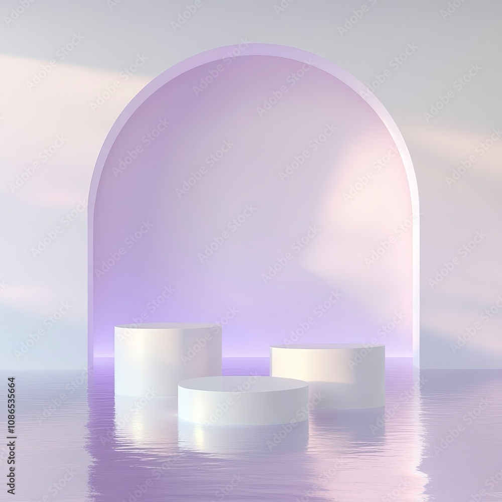 a photo of three various height top view podiums on lake water in front of white arch, white and purple pastel gradient room with soft shadows. playful lights, generative ai a photo of three various height top view podiums on lake water in front of white arch, white and purple pastel gradient room with soft shadows. playful lights, generative ai