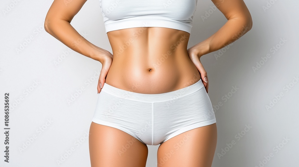 Fototapeta premium A Confident Woman in White Sportswear Showcases Her Toned Waist and Legs While Standing Against a Light Background, Embodying Fitness and Health in a Modern Indoor Setting
