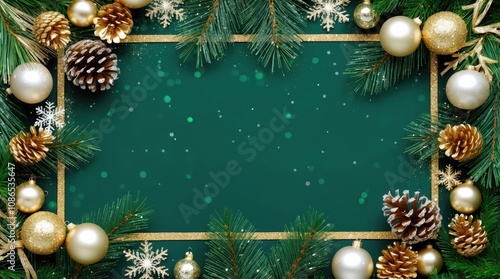 green Christmas background with golden details and ornaments