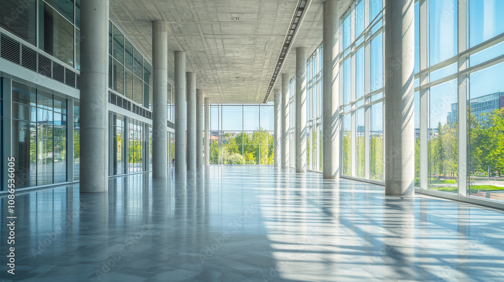 A spacious, empty hall with many columns and large, bright windows. It's a modern, concrete space, perfect for adding text. A spacious, empty hall with many columns and large, bright windows. It's a modern, concrete space, perfect for adding text.