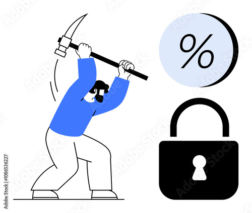 Man wielding pickaxe breaking a lock with a percentage symbol beside him. Ideal for financial freedom, cyber security, business solutions, risk management, investment strategies, problem solving