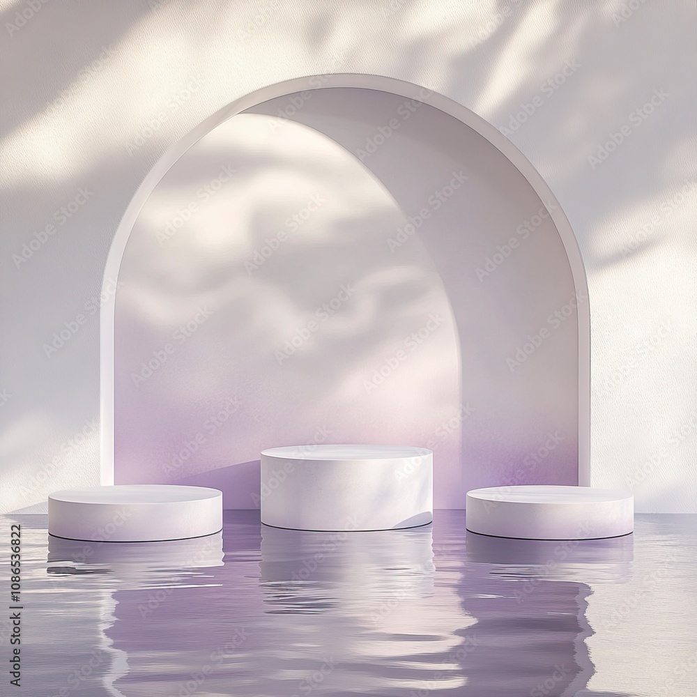 a photo of three various height top view podiums on lake water in front of white arch, white and purple pastel gradient room with soft shadows. playful lights, generative ai a photo of three various height top view podiums on lake water in front of white arch, white and purple pastel gradient room with soft shadows. playful lights, generative ai