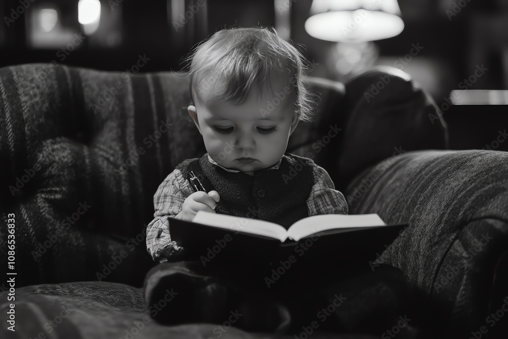 A young boy sits in a plush armchair, intently reading a book.