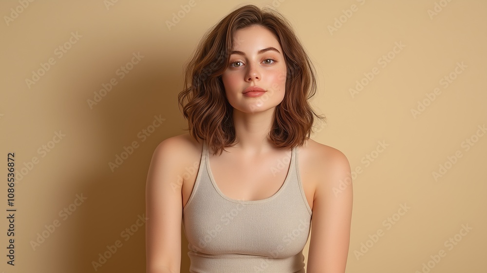 A Young Woman With Shoulder-Length Hair Poses in a Beige Tank Top Against a Soft Tan Background, Capturing a Moment of Calm Reflection in a Minimalist Setting A Young Woman With Shoulder-Length Hair Poses in a Beige Tank Top Against a Soft Tan Background, Capturing a Moment of Calm Reflection in a Minimalist Setting