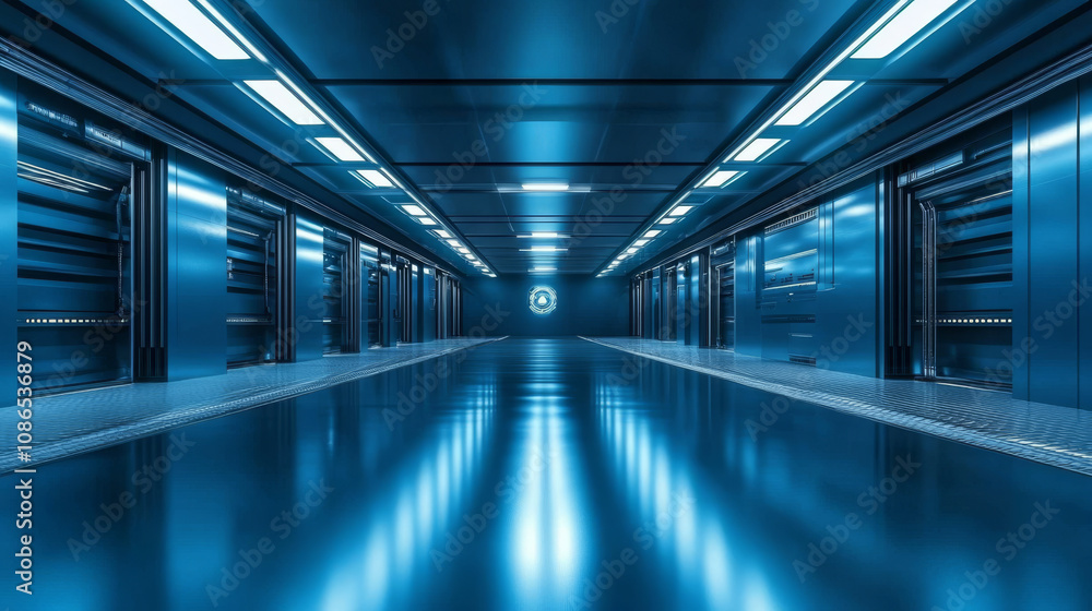 A futuristic, dark hall with lights reflecting on its shiny floor. A 3D image. A futuristic, dark hall with lights reflecting on its shiny floor. A 3D image.