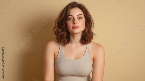 A Young Woman With Shoulder-Length Hair Poses in a Beige Tank Top Against a Soft Tan Background, Capturing a Moment of Calm Reflection in a Minimalist Setting