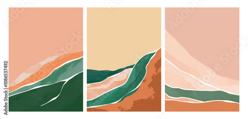 set of abstract Mountain background illustration. Mid century modern wall art. Mountain, Hills, sun. use for wallpaper, print art, poster, cover and banner