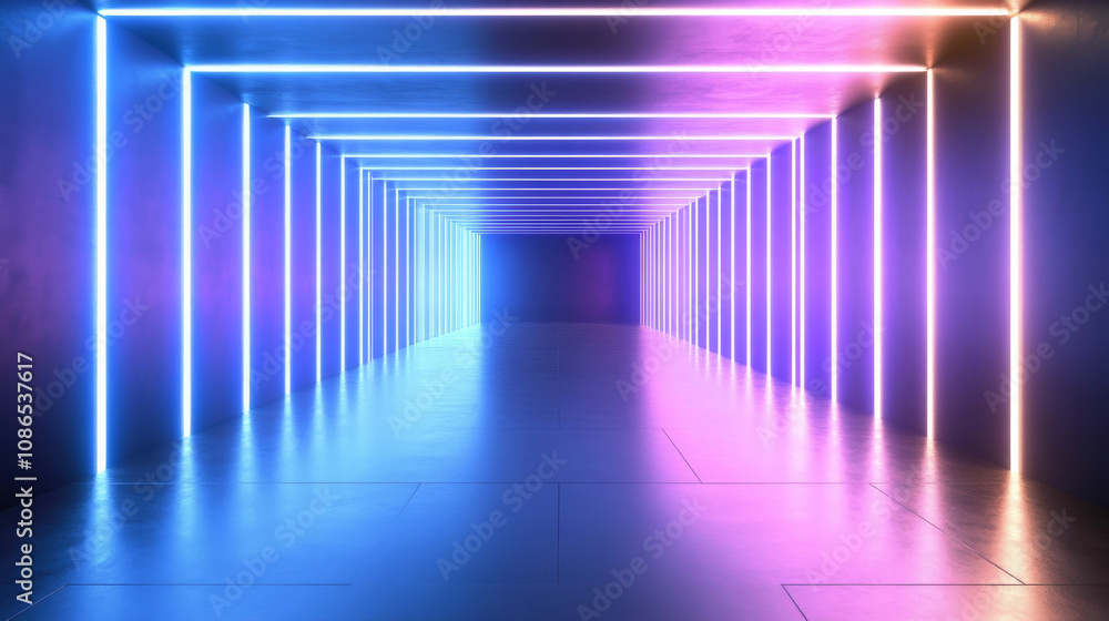 A futuristic, dark room lit by glowing white neon tubes. The center is empty. A futuristic, dark room lit by glowing white neon tubes. The center is empty.