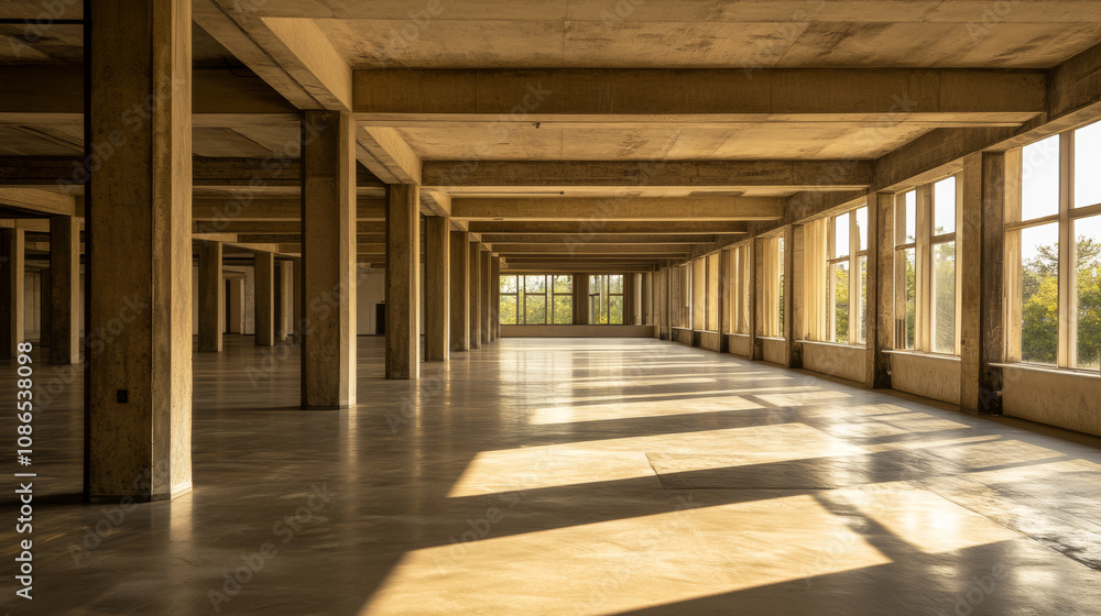 A spacious, empty hall with lots of columns and bright windows. It's a modern, concrete building, perfect for adding text. A spacious, empty hall with lots of columns and bright windows. It's a modern, concrete building, perfect for adding text.