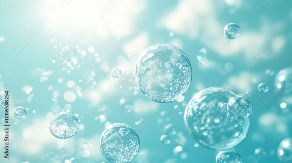 Illustration of floating transparent bubbles drifting in a sky-blue gradient background Illustration of floating transparent bubbles drifting in a sky-blue gradient background