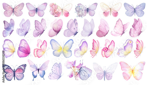 Butterfly collection. Watercolor illustration. Colorful butterflies clipart set. Baby shower design elements. Party invitation, birthday celebration. Spring, summer decor. Pink yellow red blue flowers