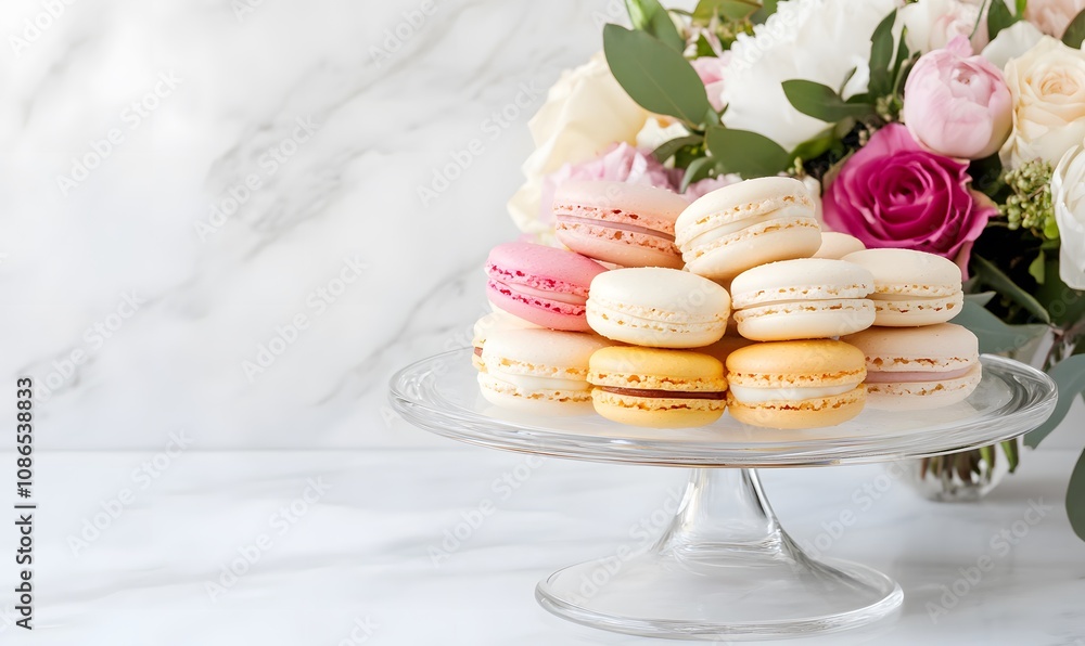 Colorful macarons stacked on a stylish glass cake stand surrounded by a bouquet of fresh flowers. Generative AI Colorful macarons stacked on a stylish glass cake stand surrounded by a bouquet of fresh flowers. Generative AI