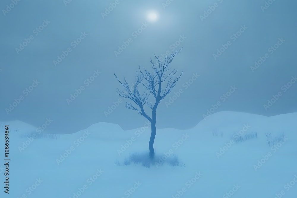 Fototapeta premium Single tree with branches hugging each other in winter landscape. Subtle light. Minimal background for National Hugging Day. 