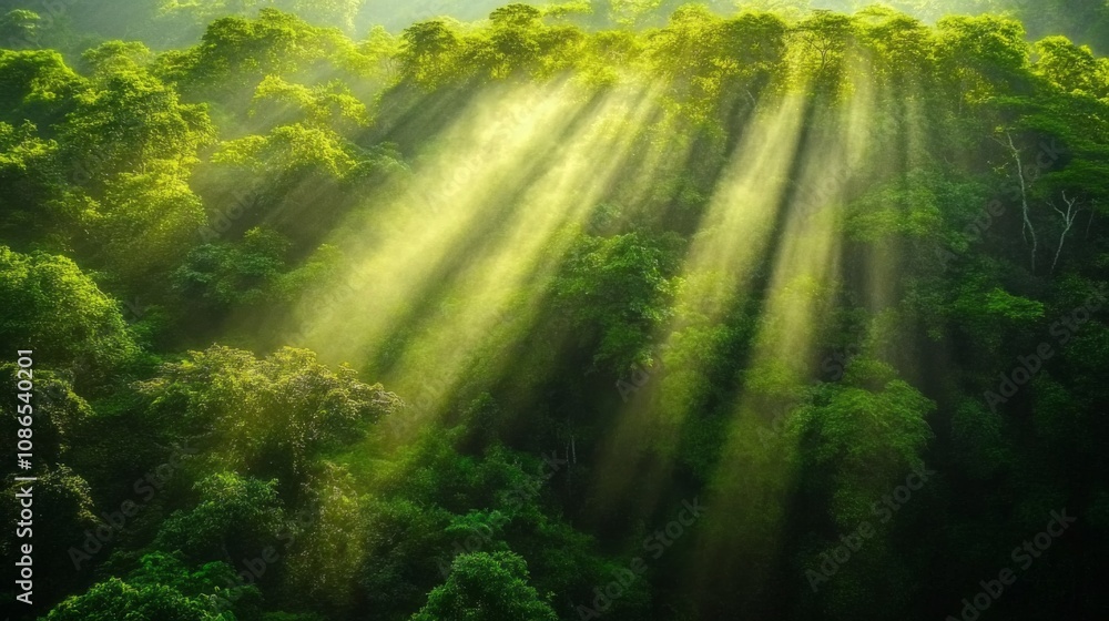 Obraz premium Beautiful landscape lush green forest sun is shining Aerial view