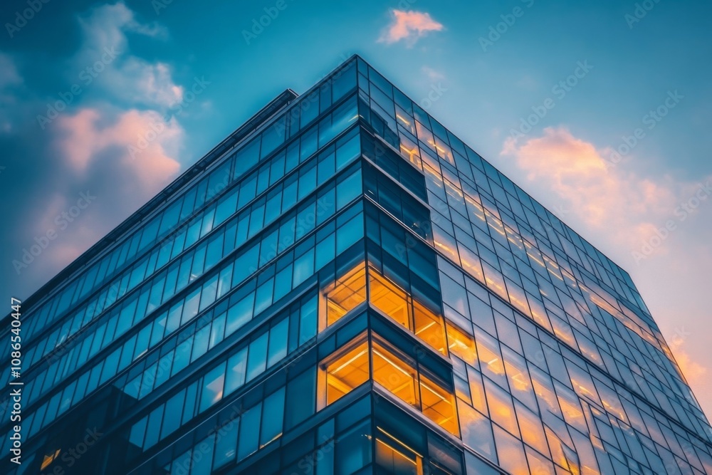 Close-up modern glass building unique architectural design appears suburban office Close-up modern glass building unique architectural design appears suburban office