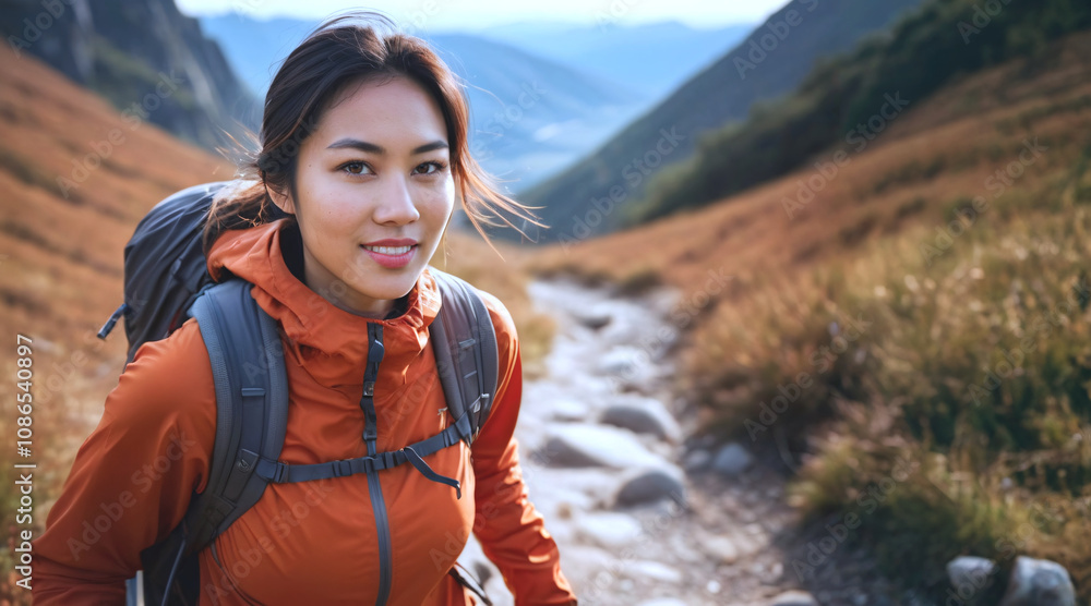 Young Woman Hiking on a Rocky Trail in the Mountains Surrounded by Autumn Foliage, Showcasing Adventure and Connection with Nature