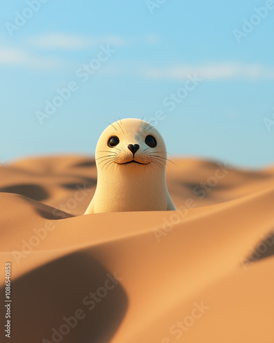 Adorable seal appears unexpectedly from golden desert dunes background photo