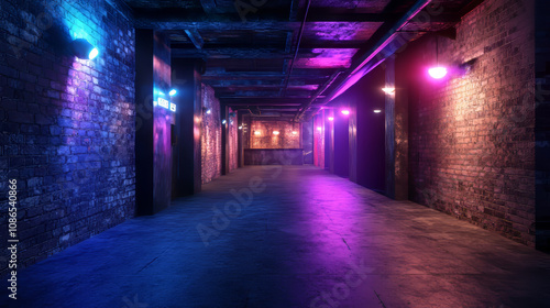 A dark, empty hallway with glowing blue and purple lights. It's a 3D rendering of a retro-style club, with a concrete floor and brick walls.