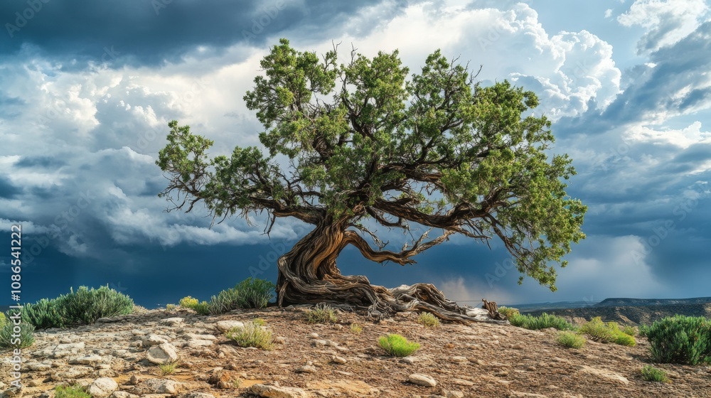 Ancient Juniper Tree on Rocky Hilltop, Dramatic Storm Clouds Ancient Juniper Tree on Rocky Hilltop, Dramatic Storm Clouds