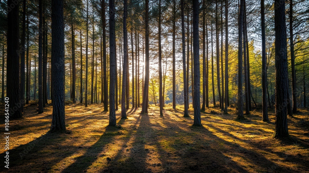 Obraz premium Tall pine trees stand majestically emitting morning sunlight through the gaps in the trees