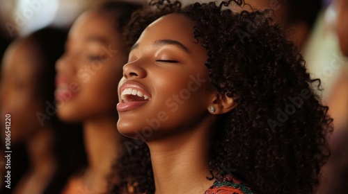 Group young women sitting row their eyes closed believers singing hymns during