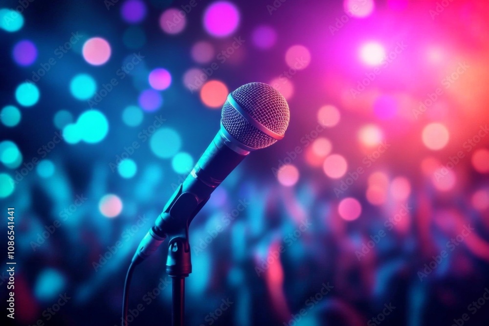 Obraz premium Microphone stand front crowd people concert is center on stage, live