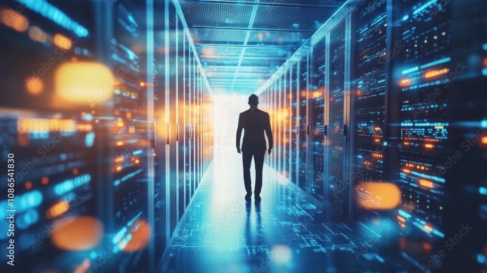 Person standing server room surrounded by rows servers it specialists implementing disaster Person standing server room surrounded by rows servers it specialists implementing disaster