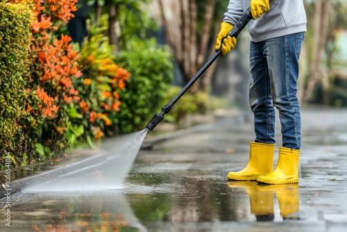 Person using power washer to clean puddle water High pressure cleaning