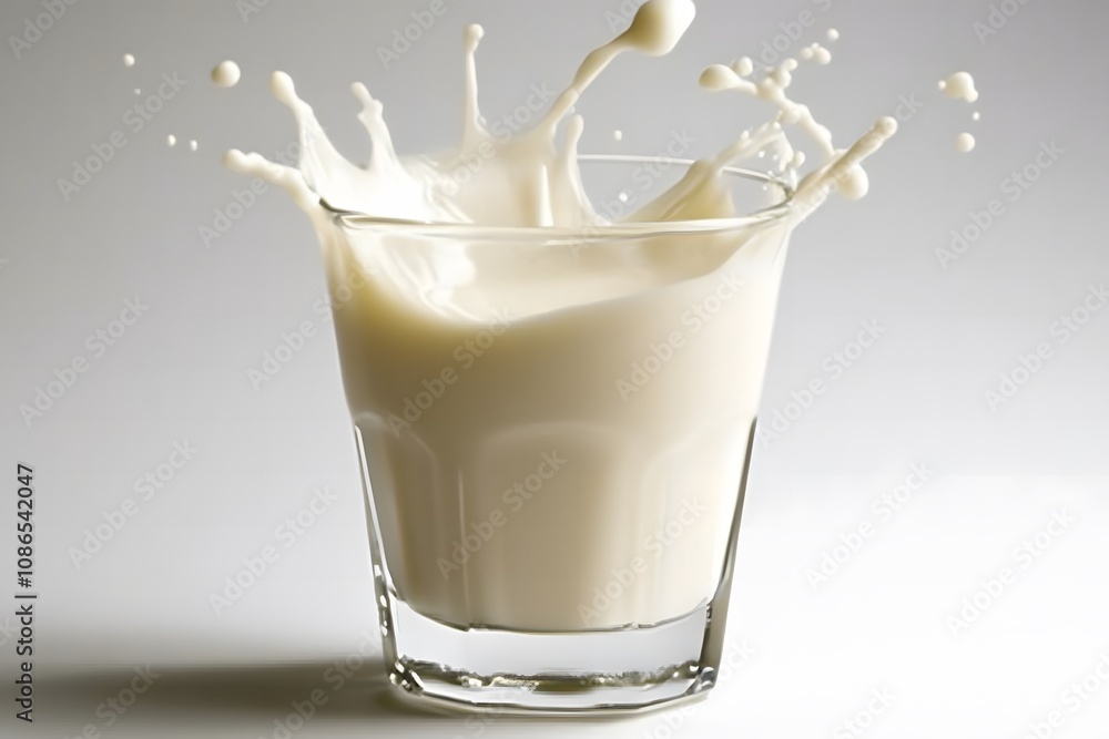 Milk splashing into a clear glass against a plain white background. Bright light. Clean backdrop for National Milk Day. Milk splashing into a clear glass against a plain white background. Bright light. Clean backdrop for National Milk Day.