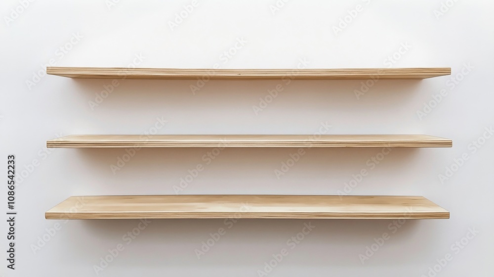 Three wooden shelves hanging white wall are made blank bookshelf