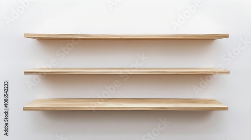 Three wooden shelves hanging white wall are made blank bookshelf photo