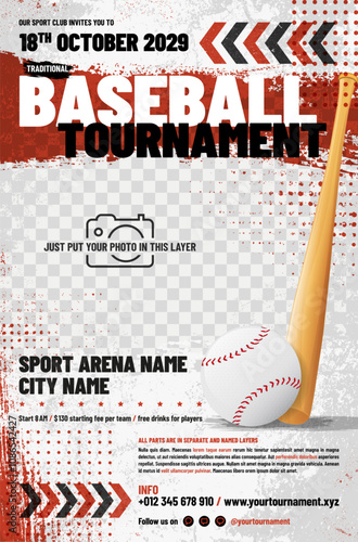 Baseball tournament poster template with ball, bat, arrows, grungy and halftone elements and place for your photo