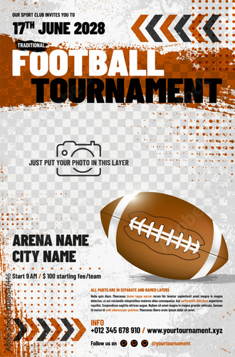 American football tournament poster template with ball, arrows, grungy and halftone elements and place for your photo
