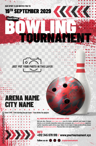 Bowling tournament poster template with ball, pin, arrows, grungy and halftone elements and place for your photo