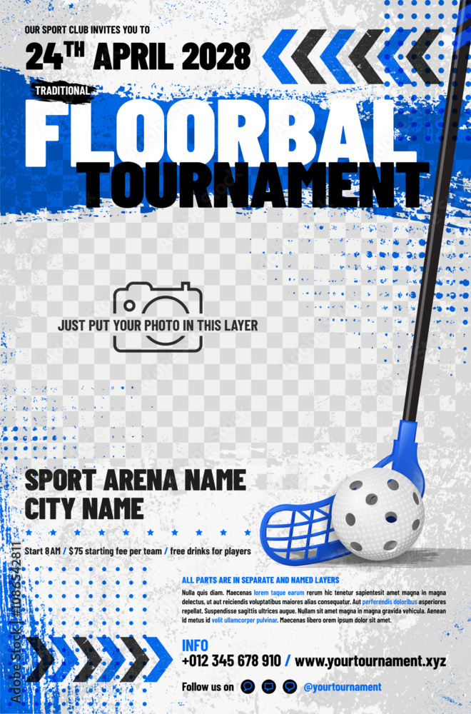 Fototapeta premium Floorball tournament poster template with ball, stick, arrows, grungy and halftone elements and place for your photo