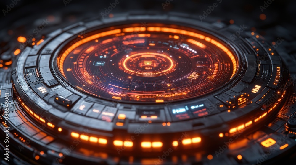 A futuristic interface with glowing orange and black elements. A futuristic interface with glowing orange and black elements.