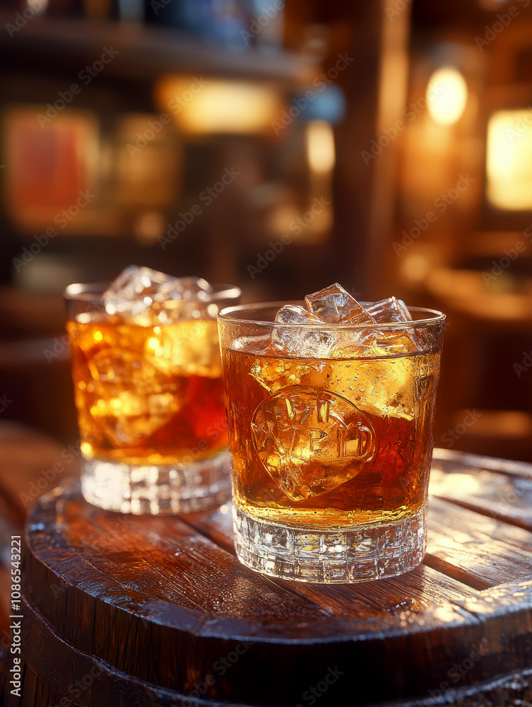 Two elegant, crystal-clear glasses of whiskey with ice cubes. AI generative. Two elegant, crystal-clear glasses of whiskey with ice cubes. AI generative.