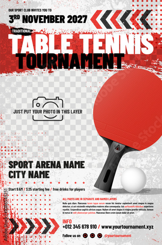Table tennis tournament poster template with ball, racket, arrows, grungy and halftone elements and place for your photo