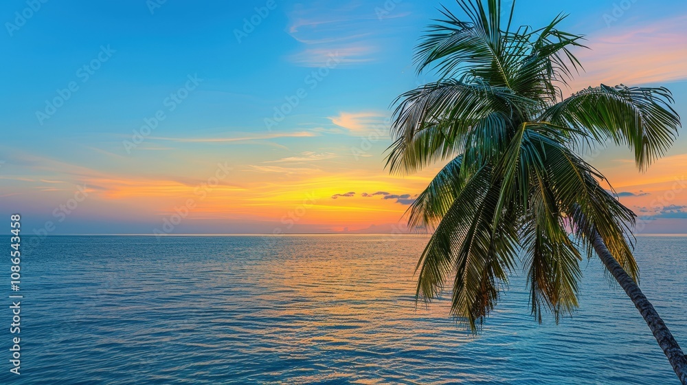 Serene Sunset Over Calm Ocean with Palm Tree Serene Sunset Over Calm Ocean with Palm Tree